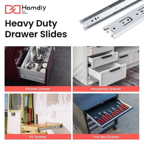 16 Inch Heavy Duty Drawer Slides Side Mount For Cabinets And Dressers, 100 Lb Capacity, showing usage in various drawers