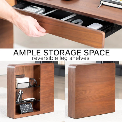 Top Shelf Executive Sit Stand Desk Rich Walnut Top With Generous 71 By 30 Surface Built In Drawers Power Outlet Cable Management Ergonomic Height Adjust Workstation Heavy Hitter Setup showing drawer and leg shelf.
