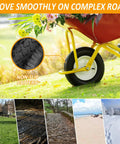 4.80 4.00 8 Inch Wheelbarrow Tire Replacement Set with inner tube on red wheelbarrow showing non-slip tire pattern on various terrains