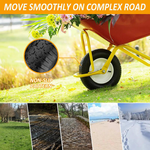4.80 4.00 8 Inch Wheelbarrow Tire Replacement Set with inner tube on red wheelbarrow showing non-slip tire pattern on various terrains