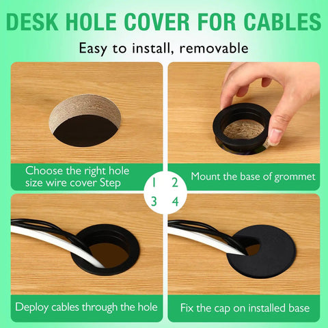 Installation steps for 2 Pack Desk Grommet Hole Covers 1.38 Inch for easy desk cable management with detachable cord organizer
