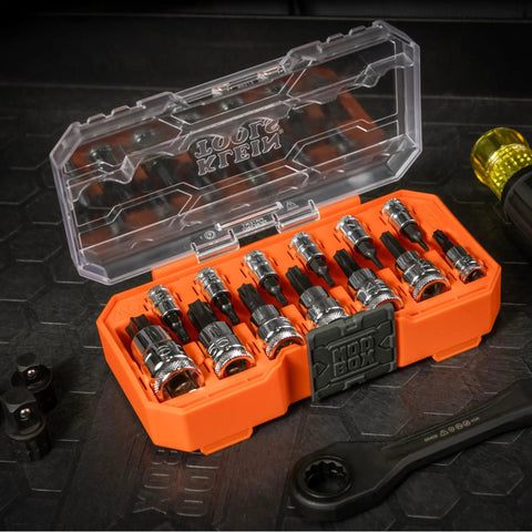 Knurled Torx Bit Socket Set T8 Through T60 For 1/4, 3/8 And 1/2 Inch Drives shown in MODBox case, 13-Piece Workhorse Kit.