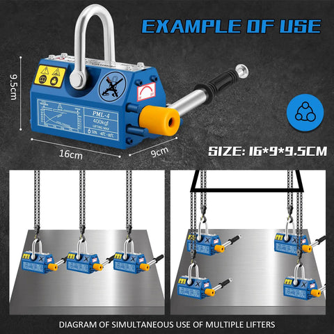 Heavy Duty Magnetic Lifter Hoist With Handle, 880 Lb Capacity, shown in use lifting metal sheets, dimensions 16x9x9.5 cm