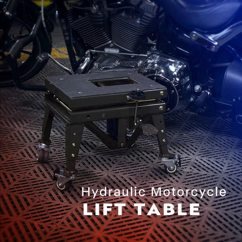 Beefy Heavy Duty Hydraulic Motorcycle Lift Jack For Dirt Bikes And ATVs, compact steel frame with wheels in garage setting