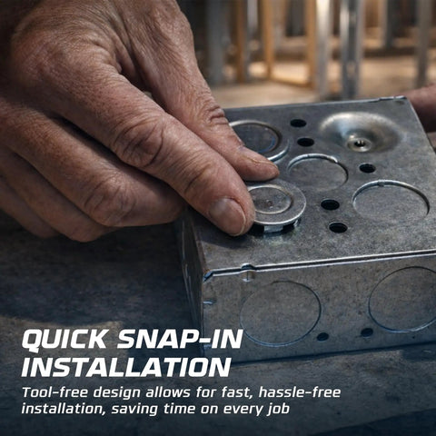 Hand inserting Heavy Duty Snap In Knockout Seal into electrical box, showing 1 1/4 inch zinc plated steel design.