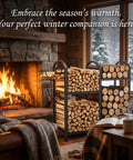 Heavy Duty 31 Inch Firewood Rack With Hooks 2-Tier Log Holder by a fireplace in a cozy cabin setting.