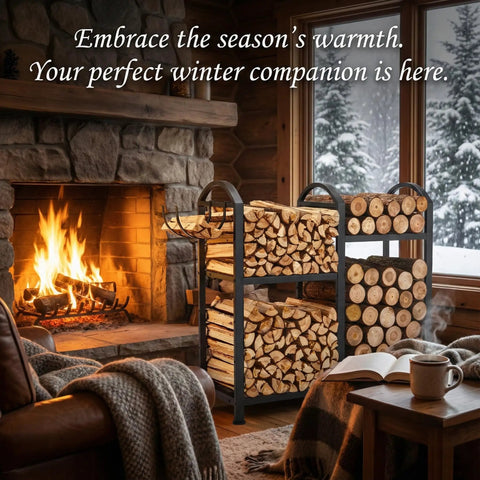 Heavy Duty 31 Inch Firewood Rack With Hooks 2-Tier Log Holder by a fireplace in a cozy cabin setting.
