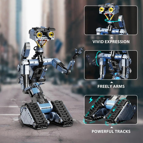 Johnny 5 Robot Building Set With Remote Control 1176 Pieces rechargeable STEM figure with tracks, arms, and vivid expression