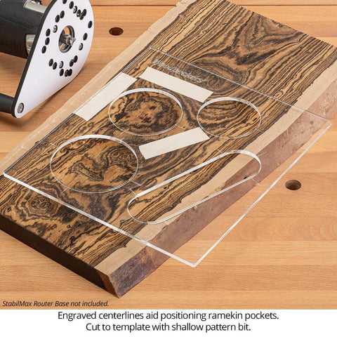 Two In One Cutting Board Template With Juice Groove, Laser Cut Acrylic Router Template For Cutting Boards Charcuterie Boards And Serving Trays, USA Made, Large 17 3/4 By 10 3/4 Inches, Crystal Clear Visual Aid For Centered Grooves And Pro Style Results on wood surface.