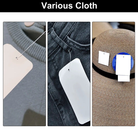 Various clothing items with white tags using Top Shelf Heavy Duty Plastic Tagging Fasteners For Clothes And Retail 3 Inch Black Label Gun Barbs.