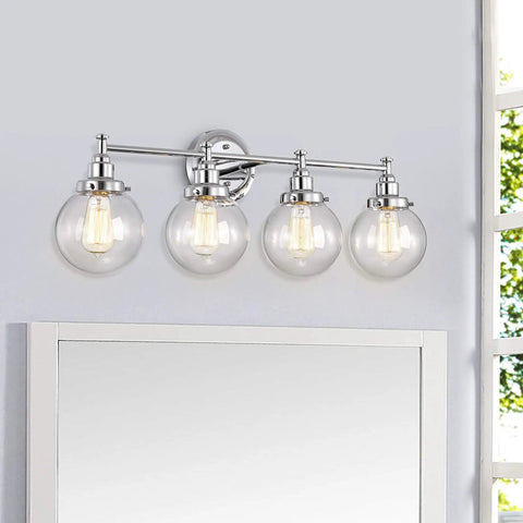 Four Light Chrome Bath Vanity Fixture With Globe Glass Uplight And Downlight 30 Inch Wide above mirror