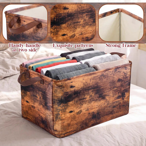 6 Pack Retro Large Fabric Storage Bins With Heavy Duty Handles Big Foldable Cloth Cubes For Closet Shelf Organization Game Changer Toy Book Closet Organizers In Black Brown For Nursery Kid Room Under Bed filled with neatly rolled clothes
