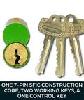 Grab This Heavy Duty Seven Pin Green Small Format Interchangeable Core That Locks Down Commercial Jobs Smoothly With One Control Key And Two Operating Keys For Quick Job Site Swaps, showing the core and keys.