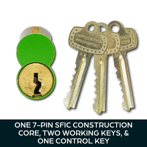 Grab This Heavy Duty Seven Pin Green Small Format Interchangeable Core That Locks Down Commercial Jobs Smoothly With One Control Key And Two Operating Keys For Quick Job Site Swaps, showing the core and keys.