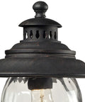 Searsport 15 Inch Outdoor Post Light With Weathered Charcoal Finish, detailed view of cast aluminum top and glass globe design.
