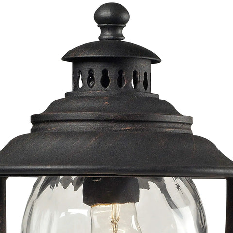 Searsport 15 Inch Outdoor Post Light With Weathered Charcoal Finish, detailed view of cast aluminum top and glass globe design.