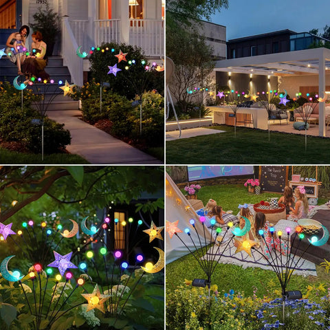 Four Pack Solar Pathway Lights For Garden And Yard With Waterproof Metal Stakes Outdoor Patio Walkway Lighting Glow Stars and Moons