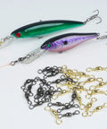 Barrel Swivels Fishing Set 200 Pcs Rolling Ball Bearing Swivels With Solid Ring Tackle Connector Copper Stainless Steel Black Nickel Gold Finish Sizes 2 4 6 8 10 For Lures Rigs, black and gold swivels beside lures