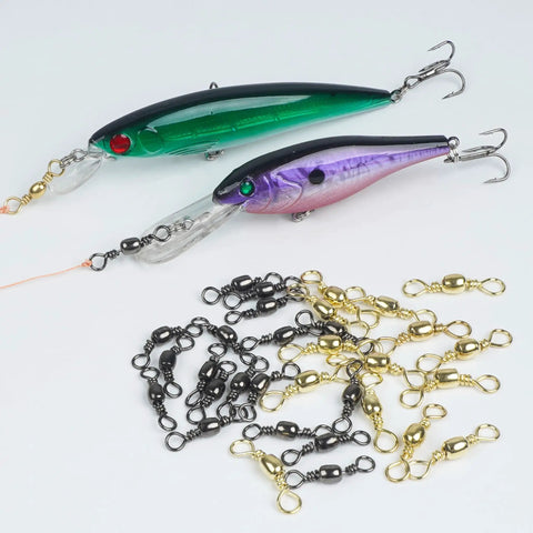 Barrel Swivels Fishing Set 200 Pcs Rolling Ball Bearing Swivels With Solid Ring Tackle Connector Copper Stainless Steel Black Nickel Gold Finish Sizes 2 4 6 8 10 For Lures Rigs, black and gold swivels beside lures