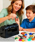 Person using rock tumbler with colorful stones, demonstrating Four Pound Rock Tumbler Grit Kit With Silicon Carbide And Aluminum Oxide Grits