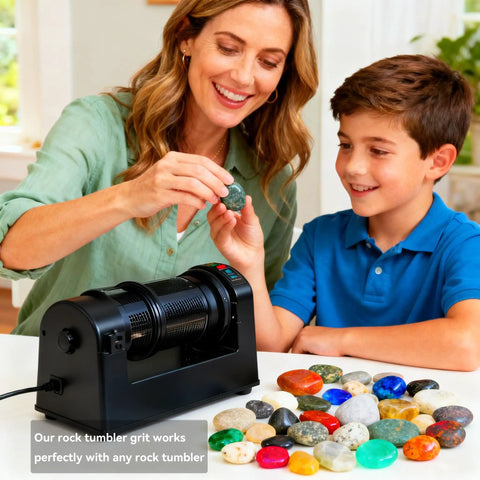 Person using rock tumbler with colorful stones, demonstrating Four Pound Rock Tumbler Grit Kit With Silicon Carbide And Aluminum Oxide Grits