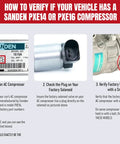 Guide to verify Sanden PXE14 PXE16 AC compressor in VW/Audi, shows compressor label, solenoid plug, and snap ring details