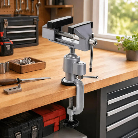 3 Inch Table Vise With Swivel And 360 Degree Tilt, Handy Workhorse Vise for workbench, cast aluminum frame, steel jaws