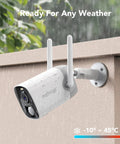 Wireless Outdoor Security Camera With 2K Color Night Vision And AI Motion Detection mounted on a wall, wet from rain.