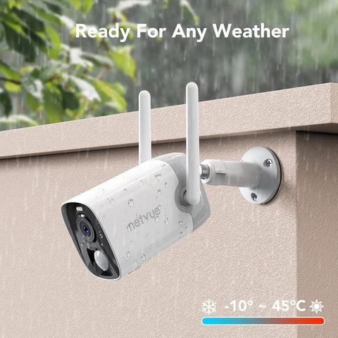 Wireless Outdoor Security Camera With 2K Color Night Vision And AI Motion Detection mounted on a wall, wet from rain.