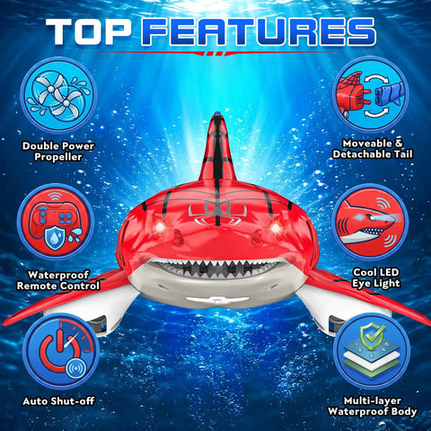 Remote Control Shark Toy For Kids Rad Totally Dual Motors RC Shark with LED eyes highlighting top features and waterproof design