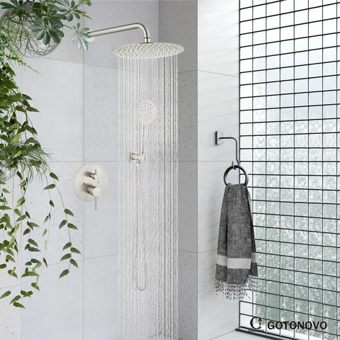 Rainfall Shower System with 10 Inch Round Showerhead and Handheld, Brushed Nickel finish, including Rough-In Valve, SUS 304