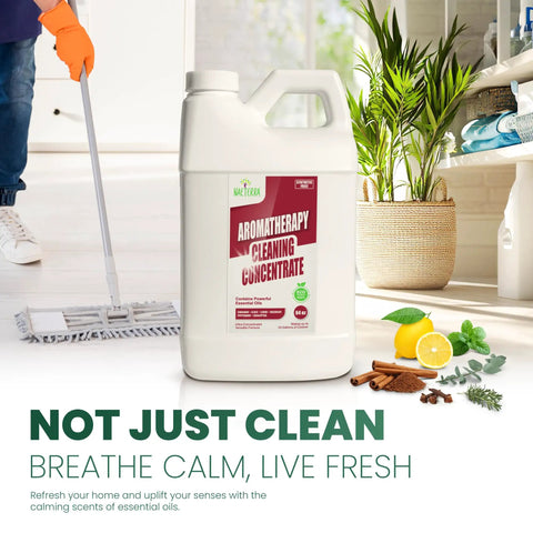 Aromatherapy Cleaning Concentrate 64 Ounce All Purpose Multi Surface Cleaner displayed in a kitchen setting with mop and plant.