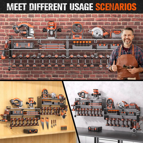 Three views of Two Pack Heavy Duty Power Tool Organizer Wall Mount With 18 Drill Holders And 600 Lbs Capacity Three Layer Garage Storage Rack For Cordless Tools Workshop Organization In Black installed on different wall surfaces, holding various tools.