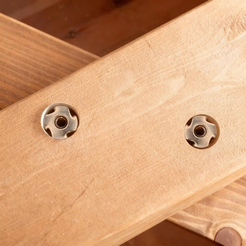 M6 4 Pronged T Nuts Set Of 20 Pieces For Woodworking Furniture And Cabinets Includes Adjustable Leveler Pads in wooden plank
