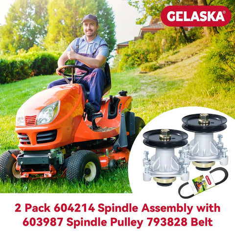 Man on red mower with Two Pack Spindle Assembly With Pulley 603987 And Belt 793828 For Hustler Raptor 42 inset