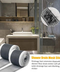 Hair Catcher for Shower-Self-Adhesive Drain Strainer Filter Roll shown in a bathroom setting, featuring two rolls of mesh drainage stickers.