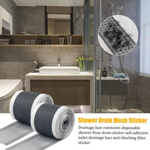 Hair Catcher for Shower-Self-Adhesive Drain Strainer Filter Roll shown in a bathroom setting, featuring two rolls of mesh drainage stickers.