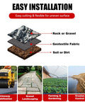 Heavy Duty Weed Barrier Landscape Fabric 6 Ft Wide By 300 Ft Long Roll Ground Cover Mat For Weed Block Garden Cloth And Underlayment Woven Geotextile For Driveways And Landscaping Built To Last image showing layers of geotextile with rock and soil.