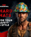 Man wearing colorful hard hat with brand text "Acerpal Hard Hats for Your Safety & Style" in background.
