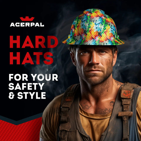 Man wearing colorful hard hat with brand text "Acerpal Hard Hats for Your Safety & Style" in background.