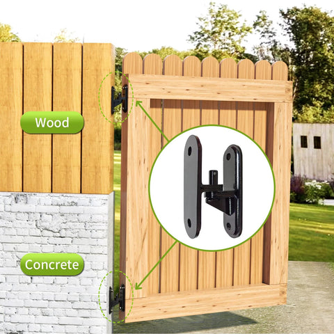 Installed heavy-duty gate hinge 2-pack on wooden gate; rust-proof steel wall-mount with anti-sag design
