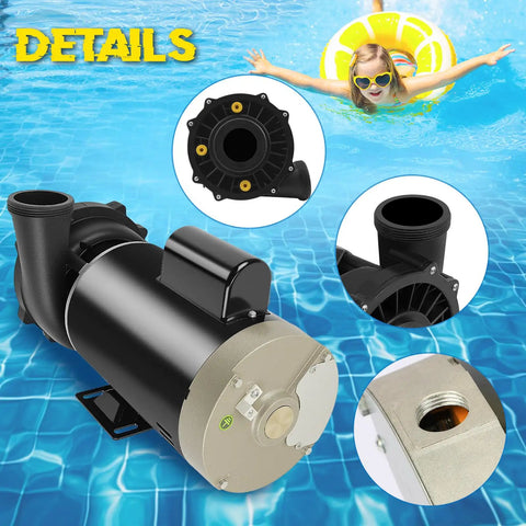 Straight Swap Heavy Duty Spa Pump And Hot Tub Motor Packing 4 HP Dual Speed Punch showing pump details and components in water.