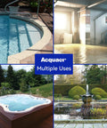 Collage showing multiple uses of 1/2 HP Automatic Sump Pump, 2450 GPH Submersible Water Pump for pools, basements, tubs, fountains