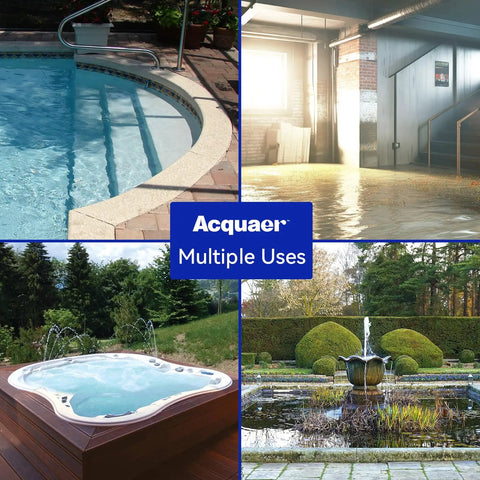 Collage showing multiple uses of 1/2 HP Automatic Sump Pump, 2450 GPH Submersible Water Pump for pools, basements, tubs, fountains