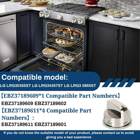 Upgraded LG Gas Stove Knob Set 4 Pack With 1 Boiling Control Knob Replacement displayed with compatible LG cooktop models.