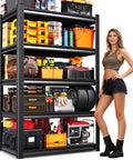 Built Like A Tank Five Tier Garage Shelving Rack With Hefty Steel Build For Boss Level Household Storage Adjustable Utility Organizer 600 Lb Capacity Black Multi Space Setup filled with storage bins and tools.