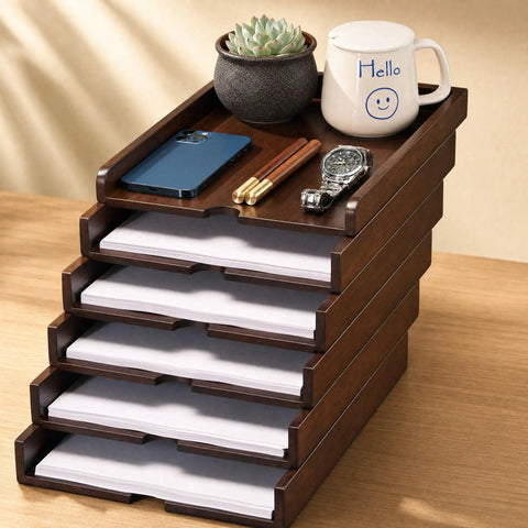 Six Tier Solid Wood Desktop File Organizer With Sliding Pull Out Trays For A4 Documents Folders Mail Bills Tablets And Phones A Must Have
