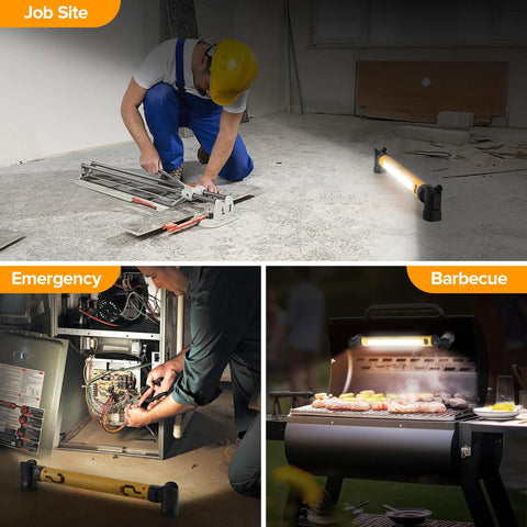 3000LM LED Work Light With Magnetic Under Hood Mount 5200mAh Rechargeable Cordless Pro Grade Mechanic Light For Car Repair Inspection Garage And Emergency Use Yellow in use at job site, during emergency repair, and for barbecue lighting.