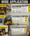 Two Laminated Forklift Safety Posters Set 17 By 24 Inches OSHA Compliant Wall Signs With Easy Operation Rules And Visual Guides For Warehouse And Distribution Center And Industrial Use. shown in warehouse wall display