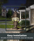 Outdoor Lantern Post Light With Rustic Bronze Finish on lawn, classic scroll arm, seedy glass shade, evening setting